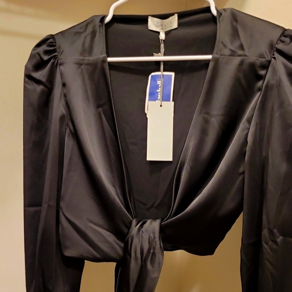Black Satin Tie-Front Blouse